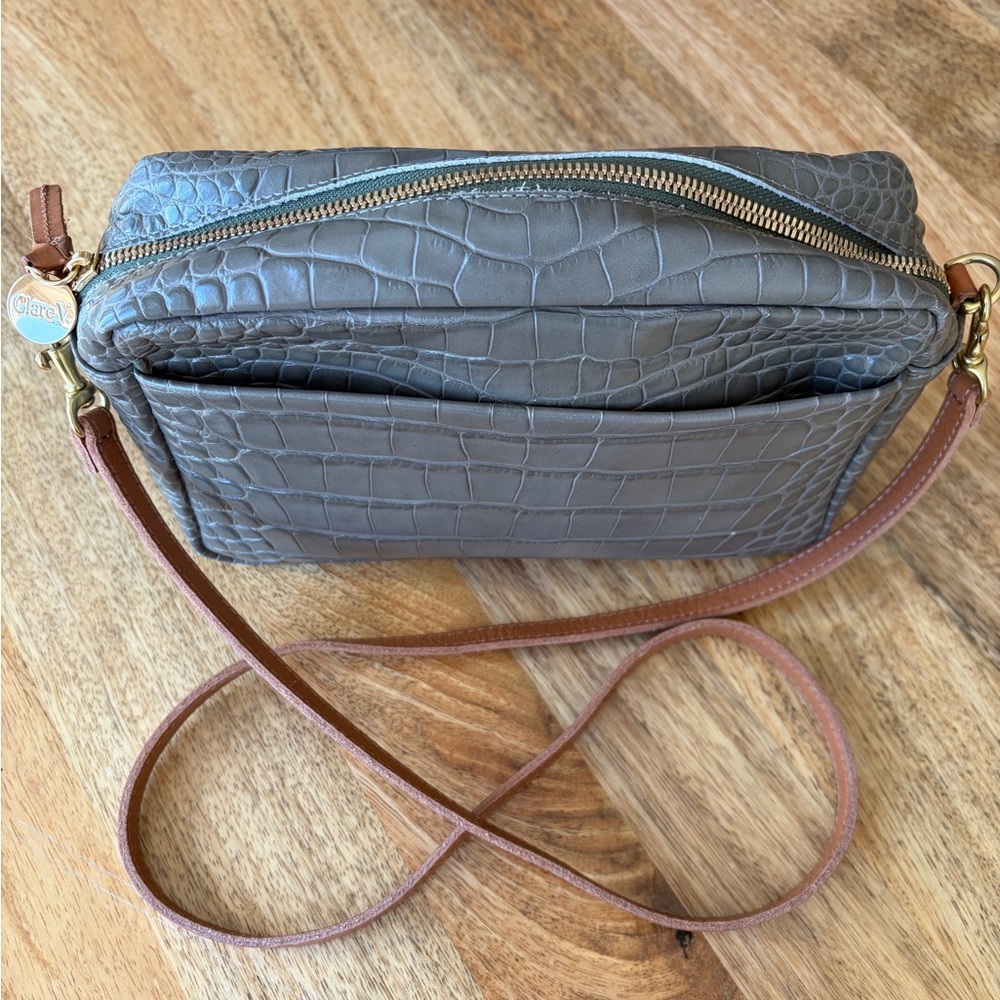 Clare V Croc-Embossed Gray Crossbody with Brown Strap